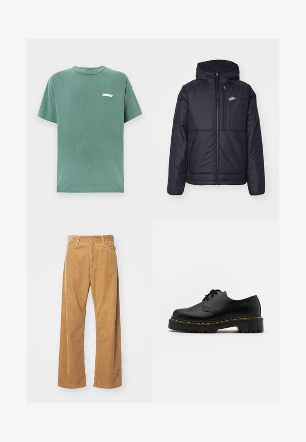 Juodas, paminkštintas Nike džemperis su priekyje užtrauktuku ir gobtuvu. Pasižymi balta logo kairėje krūtinės pusėje ir dviem priekinėmis kišenėmis. Su lygiu išoriniu paviršiumi.; Žalias trumpas rankovės marškinėlis, pagamintas iš medvilnės, su apykakle ir baltu "obey" logotipu kairėje krūtinės pusėje. Lygus paviršius.; Aiviškai platūs šortai tan spalvos. Yra tekstūruoti, vertikalūs briauneliai, standartinė juosmens dalis ir dvi priekinės kišenės.; Juoda odinė lakuota avalynė su apvaliu pirštu, tekstūruota gumine padu ir geltona siūlelių apdaila aplink bazę. Lygus dizainas ir glotnus paviršius.