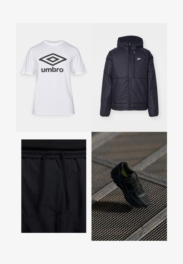 Must musta Nike jope, millel on ees lukuga avamine ja kapuuts. Vasakpoolne rind on kaunistatud valge logoga ning ees on kaks taskut. Sile välimine tekstuur.; Valge puuvillane t-särk, mille esiküljel on suur must "Umbro" logo ja teemantigraafika. Lühikesed varrukad, ümar kaelus, klassikaline lõige.; Mustad lühikesed püksid, millel on paelaga vöökoht, kerge kangas, mis on sileda tekstuuriga ning lihtne disain ilma nähtavate logode või mustriteta.; Mustad mustreejalikud kingad, millel on võrkkangast ja sünteetilisest materjalist ülemine osa, tekstureeritud pind, pehme sisetald ja paelad. Erksad kollased sisekujunduse aktsendid.