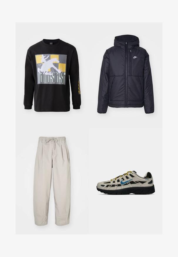 Μαύρο, επενδυμένο μπουφάν Nike με μπροστινό φερμουάρ και κουκούλα. Διαθέτει λευκό λογότυπο στο αριστερό στήθος και διπλές μπροστινές τσέπες. Λείο εξωτερικό υλικό.; Μαύρη μπλούζα με μακριά μανίκια που παρουσιάζει μια μεγάλη εικόνα ενός αναβάτη πάνω σε ένα άλογο, σε φόντο γκρι και χρυσών καρό. Από βαμβάκι, κανονική εφαρμογή.; Μπεζ, ελαφριά παντελόνια με ελαστική μέση και κορδόνι. Διαθέτουν πτυχώσεις και άνετη εφαρμογή, κατασκευασμένα από μαλακό, λείο ύφασμα.; Μπεζ και μαύρα sneakers Nike P-6000 με μπλέ σουέτ, κίτρινες κορδόνες, μαύρη σόλα και ετικέτα από ύφασμα Cordura στην φτέρνα.
