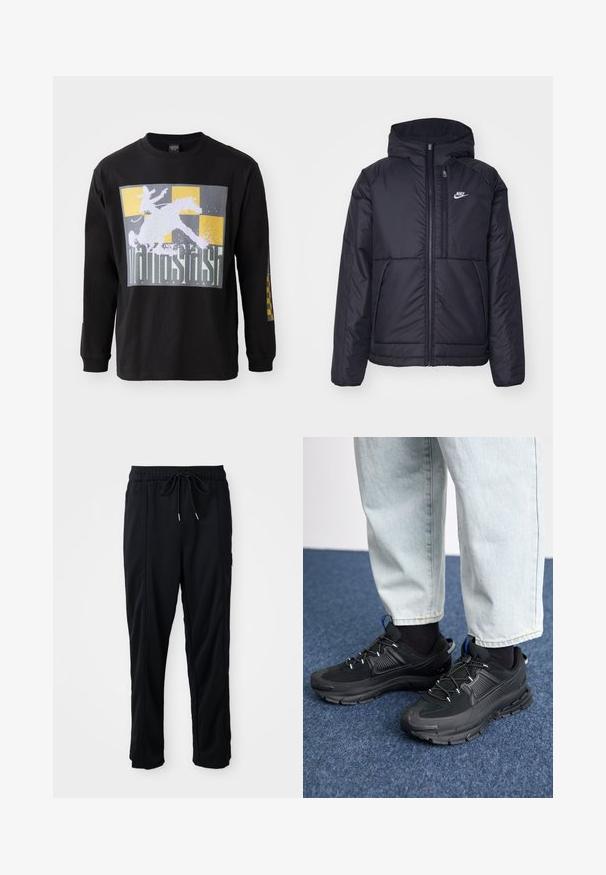 Juodas, paminkštintas Nike džemperis su priekyje užtrauktuku ir gobtuvu. Pasižymi balta logo kairėje krūtinės pusėje ir dviem priekinėmis kišenėmis. Su lygiu išoriniu paviršiumi.; Juodas ilgomis rankovėmis marškinėliai, kurių priekį puošia didelis piešinys su raiteliu ant žirgo, už kurio yra pilkai auksinis langelių raštas. Pagaminta iš medvilnės, standartinio kirpimo.; Juodos laisvos kelnės su raišteliu liemens, šoninėmis kišenėmis ir tiesiu kirpimu ant vienodos fono.; Juodi sportiniai bateliai su tekstūruota medžiaga ir guminiais padais, su elastingomis raišteliais ir mėlynu akcentu ant kulno. Dėvimi su šviesiai mėlynomis džinsinėmis kelnėmis.