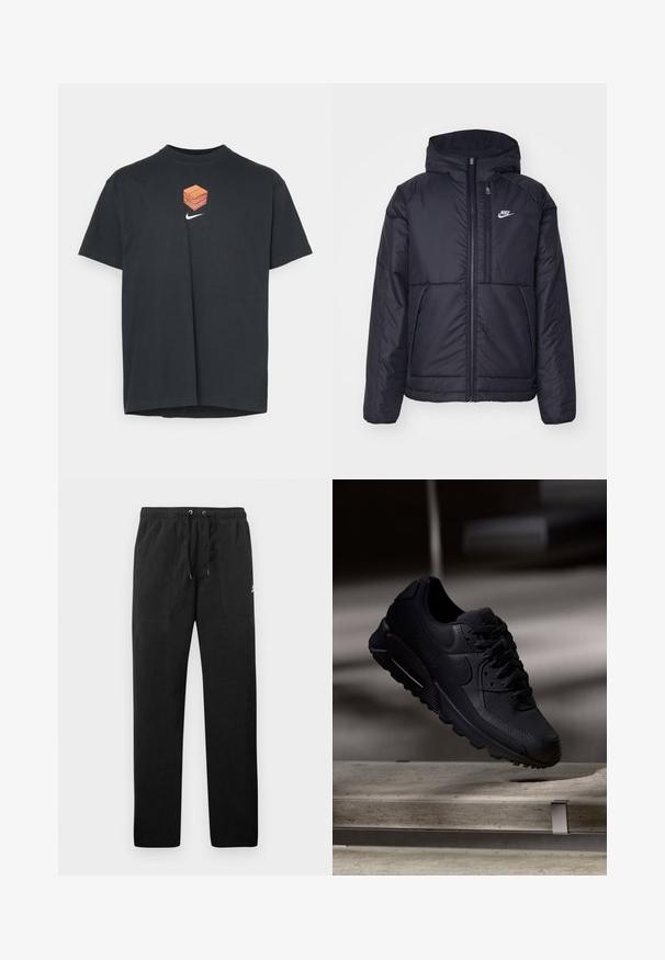 Melna, pufota Nike jaka ar priekšējo rāvējslēdzēju un kapuci. Iezīmēta ar baltu logotipu uz kreisās krūtis un divām priekšējām kabatām. Gluda ārējā tekstūra.; Melnas kokvilnas t-krekls ar apaļu kakla izgriezumu, priekšpusē ar baltu un oranžu kubu un svītru logo grafiku. Īsas piedurknes.; Melnas sporta bikses, izgatavotas no flīsa, ar elastīgu jostasviedi un auklām, diviem priekšējiem kabatām un nelielu logo uz augšstilba.; Melni Nike Air Max 90 sporta apavi ar teksturētu sietu, gludām ādas detaļām, mīkstu apkakli un redzamu gaisa amortizāciju zole.