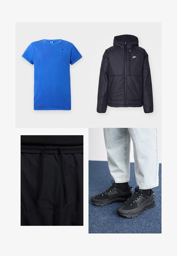 Črna, podložena Nike jakna z sprednjim zadrgo in kapuco. Ima bel logo na levem prsnem delu in dvojna sprednja žepa. Gladka zunanja tekstura.; Modra kratka majica s kratkimi rokavi iz bombaža z okroglim izrezom. Ima zavihke na rokavih in majhen temno moder logo na prsih.; Črne kratke hlače z vrvico v pasu, lahkotna tkanina z gladko teksturo in preprosto zasnovo brez vidnih logotipov ali vzorcev.; Črne športne čevlje z teksturirano tkanino in gumijastimi podplati, ki imajo elastične vezalke ter modre poudarke na peti. Nosi se z lahkimi denim hlačami.