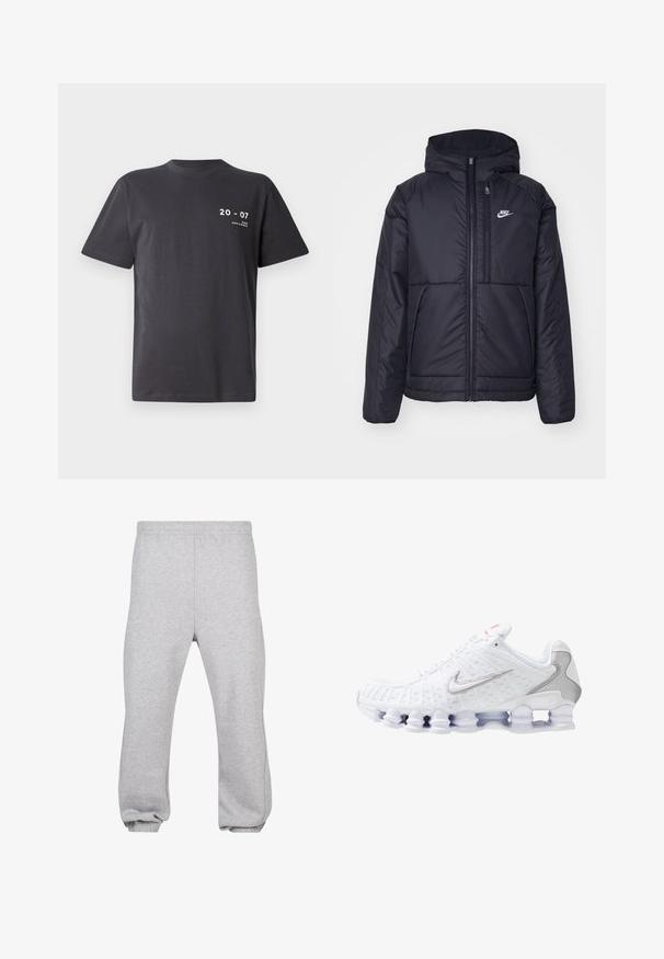 Czarna, pikowana kurtka Nike z przednim zamkiem błyskawicznym i kapturem. Posiada białe logo po lewej stronie klatki piersiowej oraz podwójne kieszenie z przodu. Gładka struktura zewnętrzna.; Czarny t-shirt z bawełny, krótkie rękawy, okrągły dekolt, z białym nadrukiem: "20 - 07" oraz "MIAMI DAYS & NIGHTS" z przodu.; Szare dresy wykonane z mieszanki bawełny, z elastycznym paskiem w talii, zwężanymi nogawkami i ściągaczami u dołu. Prosty design bez wzorów.; Białe buty sportowe z teksturowaną siateczką, srebrnym logo Nike, wyściełanym kołnierzem oraz unikalną przezroczystą plastikową podeszwą z sprężynami.