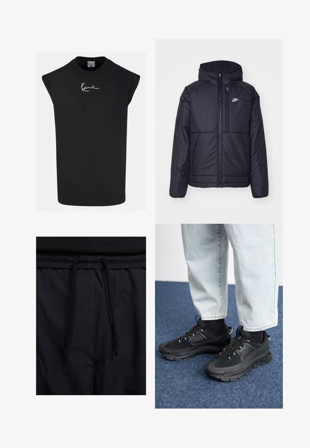 Črna, podložena Nike jakna z sprednjim zadrgo in kapuco. Ima bel logo na levem prsnem delu in dvojna sprednja žepa. Gladka zunanja tekstura.; Črna brezrokavna majica iz bombaža, z okroglim izrezom in belim podpisom logotipa na sprednji strani. Gladka tekstura, ohlapen kroj.; Črne kratke hlače z vrvico v pasu, lahkotna tkanina z gladko teksturo in preprosto zasnovo brez vidnih logotipov ali vzorcev.; Črne športne čevlje z teksturirano tkanino in gumijastimi podplati, ki imajo elastične vezalke ter modre poudarke na peti. Nosi se z lahkimi denim hlačami.