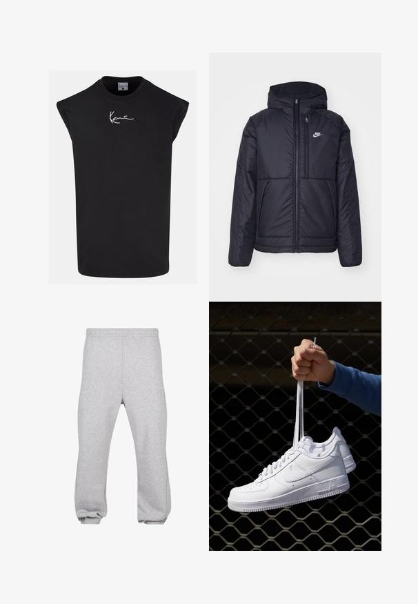 Black, padded Nike jacket with a front zipper and hood. Features a white logo on the left chest and dual front pockets. Smooth exterior texture.; Black sleeveless t-shirt made of cotton, featuring a round neckline and a white signature logo on the front. Smooth texture, relaxed fit.; Gray sweatpants made of cotton blend, featuring an elastic waistband, tapered legs, and cuffed hems. Simple design with no patterns.; White leather sneakers with perforations, round toe, flat sole, and thick laces, featuring a visible swoosh logo and "AIR" on the heel.