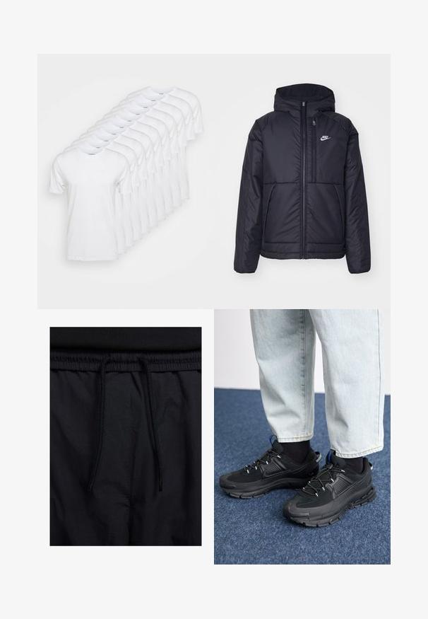 Casaco Nike preto, acolchoado, com fecho à frente e capuz. Apresenta um logo branco no lado esquerdo do peito e dois bolsos frontais. Textura exterior lisa.; T-shirts brancos dispostos em fila, com decote redondo e mangas curtas. Feitos de algodão, com uma textura lisa e lisa.; Calções pretos com um cós elástico ajustável, fabricados em tecido leve com uma textura suave e um design simples, sem logótipos ou padrões visíveis.; Sapatilhas desportivas pretas com tecido texturizado e solas em borracha, apresentando atacadores elásticos e um detalhe azul no calcanhar. Usadas com calças de ganga claras.