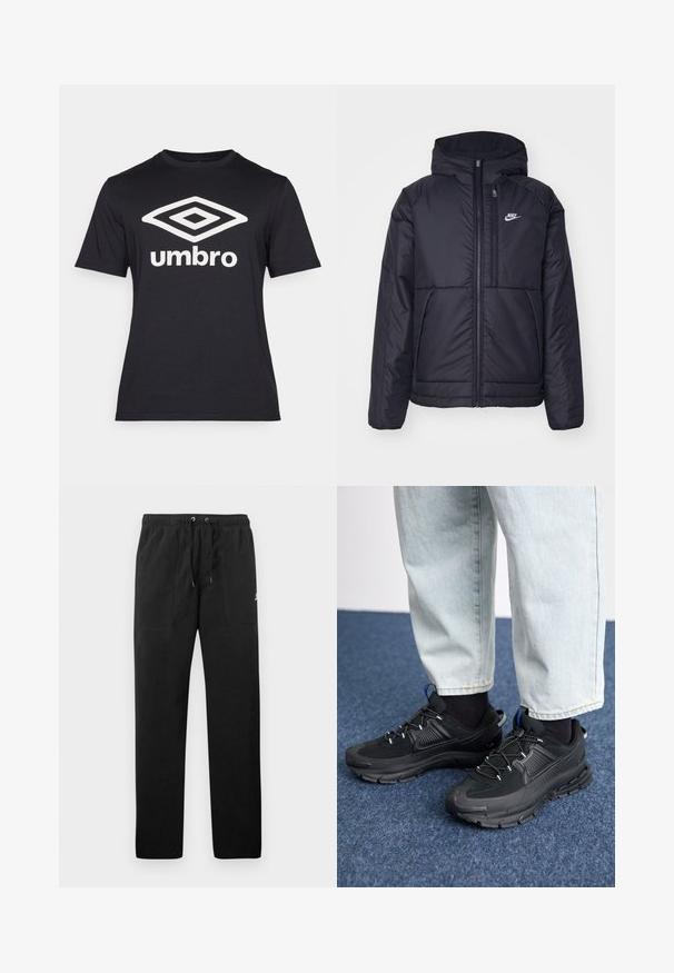 Crna Nike jakna s podstavom, dugmadi sprijeda i kapuljačom. Ima bijeli logotip na lijevoj strani prsnog koša i dva prednja džepa. Glatka vanjska tekstura.; Crna majica s kratkim rukavima od pamuka, s velikim bijelim dijamantskim logotipom i natpisom "umbro" preko prednje strane. Klasični kroj.; Crne trenirke od flisa, s elastičnim pojasom i vezicama, dva prednja džepa i mali logo na butini.; Crne atletske cipele s teksturiranom tkaninom i gumene potplate, s elastičnim vezicama i plavim akcentom na peti. Nosene su s svijetlim trapericama.