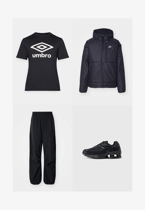 Svart, vadderad Nike-jacka med dragkedja framtill och huva. Har en vit logotyp på vänster bröst och dubbla framfickor. Slät yttextur.; Svart kortärmad t-shirt i bomull, med en stor vit diamantlogotyp och texten "umbro" över framsidan. Klassisk passform.; Svarta lätta cargobyxor med elastisk midja, sidoklaffar och rymliga fickor. Har en lös passform och smalnande benslut.; Svart sportskor med ovandel i mesh, vadderad krage och framträdande dämpningsteknologi vid hälen. Har texturerade detaljer och snören.