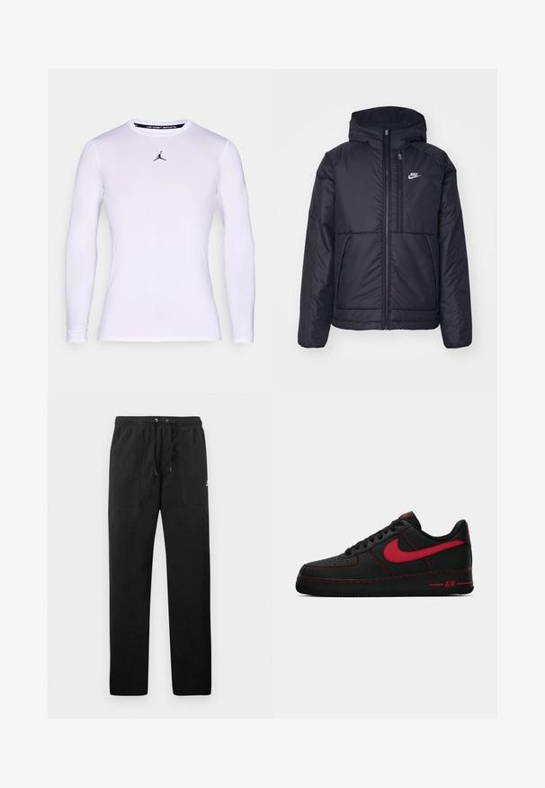 Casaco Nike preto, acolchoado, com fecho à frente e capuz. Apresenta um logo branco no lado esquerdo do peito e dois bolsos frontais. Textura exterior lisa.; Camisola desportiva ajustada de manga comprida branca com gola redonda e um pequeno logótipo preto da Jumpman centrado no peito.; Calças de fato de treino pretas feitas de polar, com uma cintura elástica e cordões, dois bolsos frontais e um pequeno logótipo na coxa.; Sapatilhas Nike Air Force 1 em couro preto com detalhes em vermelho, apresentando uma textura suave, biqueira perfurada e pespontos em vermelho contrastantes.
