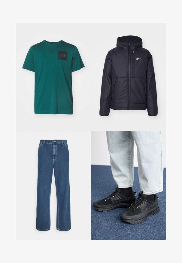 Sort, polstret Nike-jakke med frontlynlås og hætte. Har et hvidt logo på venstre bryst og to frontlommer. Glat ydre tekstur.; Teal bomulds t-shirt med korte ærmer, rund hals og en sort firkantet lomme med et logo på venstre bryst. Glat tekstur.; Blå denimjeans med lige pasform, fem-lomme design, metalknaplukning og synlig syning langs søm og kant.; Sorte træningssko med tekstureret stof og gummisåler, udstyret med elastiske snørebånd og en blå detalje på hælen. Bæres med lyse denimbukser.