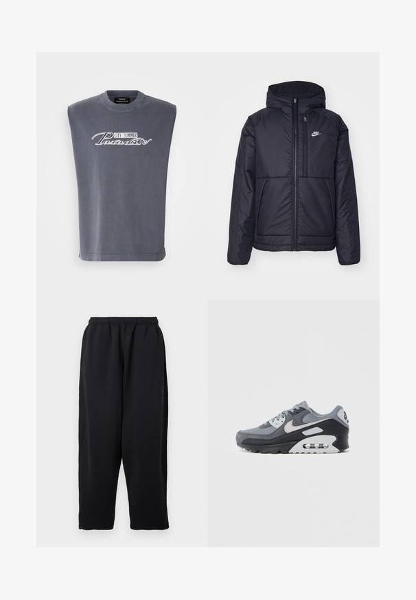 Veste Nike noire rembourrée avec une fermeture éclair sur le devant et une capuche. Elle présente un logo blanc sur la poitrine gauche et deux poches avant. Texture extérieure lisse.; T-shirt gris sans manches en tissu doux, avec un col rond et un design imprimé avec "CITY SUMMER Paradise" en blanc.; Pantalon de survêtement noir en tissu doux, doté d'une taille élastique, de jambes larges et de poches latérales avec des accents bleus subtils.; Baskets grises avec une combinaison de mesh et de daim, semelle noire et unité d'air visible. Accents gris clair et lacets notables.