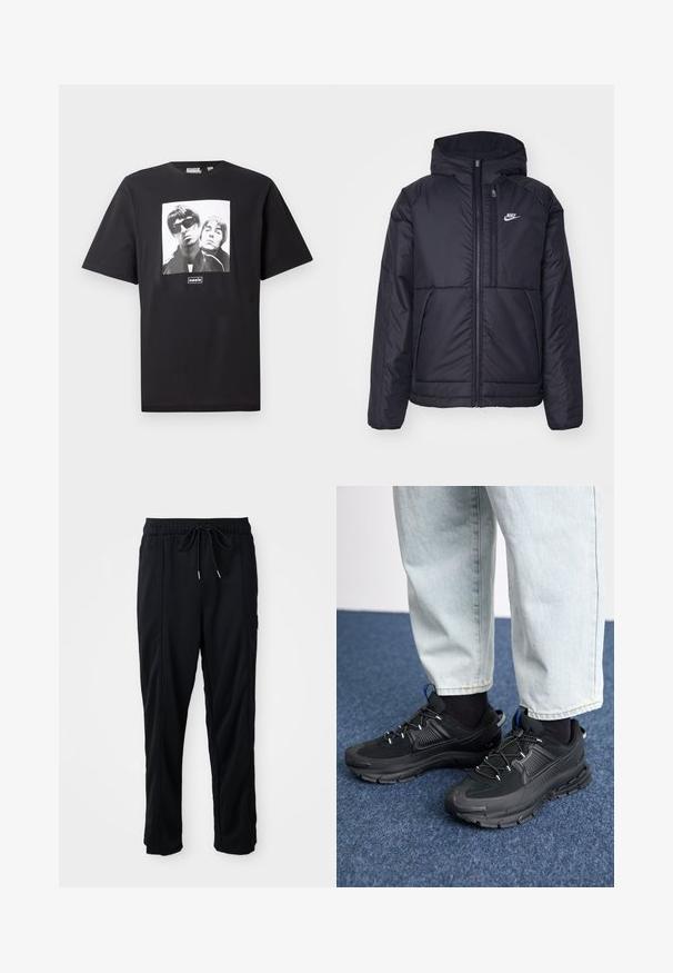 Svart, polstret Nike-jakke med frontglidelås og hette. Har en hvit logo på venstre bryst og doble frontlommer. Glatt ytterside.; Svart bomullst-skjorte med et kvadratisk hvitt grafikk av to figurer, logoen "oasis" under bildet. Korte ermer, rund hals.; Svarte casual bukser med strikk i livet, sidelommer og rett bein på en ensfarget bakgrunn.; Svarte sportssko med teksturert stoff og gummisåler, med elastiske lisser og en blå detalj på hælen. Brukt med lyse denimbukser.