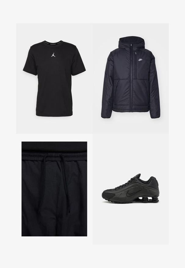 Svart, polstret Nike-jakke med frontglidelås og hette. Har en hvit logo på venstre bryst og doble frontlommer. Glatt ytterside.; Svart bomulls t-skjorte med korte ermer, rund hals, med en hvit Jumpman-logo på brystet og en jevn, lett tekstur.; Sorte shorts med snor i livet, lett stoff med en jevn tekstur, og et enkelt design uten synlige logoer eller mønstre.; Sorte joggesko med en glatt syntetisk overdel, perforerte detaljer, teksturerte sidepaneler og en distinkt fjærende såle.