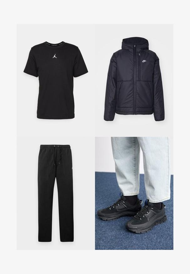 Fekete, párnázott Nike dzseki elülső cipzárral és kapucnival. A bal mellen fehér logó található, valamint két elülső zseb. Simának tűnő külső felület.; Fekete pamut póló rövid ujjú, kerek nyakkivágással, középen fehér Jumpman logóval és sima, könnyű textúrával.; Fekete, bolyhos anyagú melegítők, elasztikus derékkal és húzózsinórral, két elülső zsebbel és egy kisméretű logóval a combján.; Fekete sportcipők texturált anyaggal és gumitalppal, elasztikus fűzőkkel és kék kiegészítővel a saroknál. Világos farmernadrággal viselve.