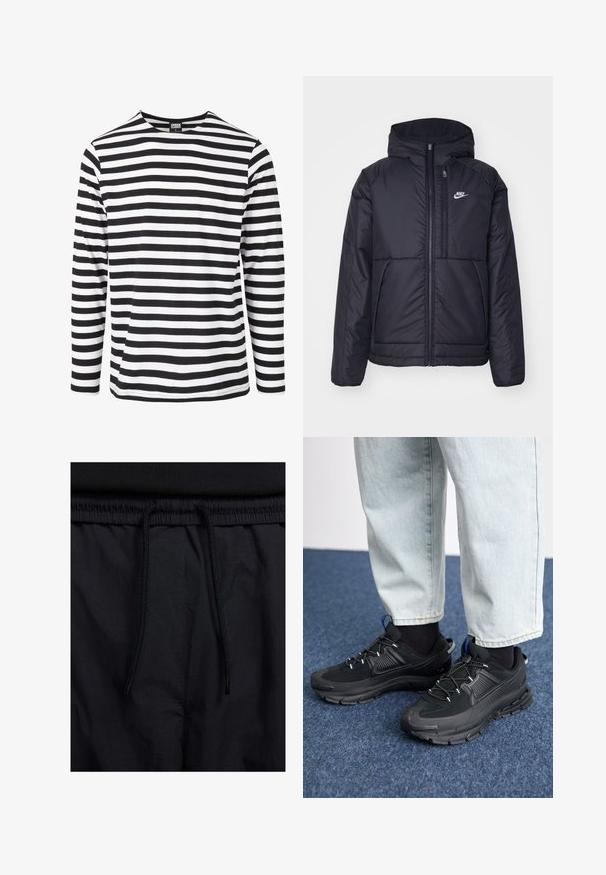 Crna Nike jakna s podstavom, dugmadi sprijeda i kapuljačom. Ima bijeli logotip na lijevoj strani prsnog koša i dva prednja džepa. Glatka vanjska tekstura.; Majica s dugim rukavima u crno-bijelim prugama s okruglim izrezom, izrađena od mekanog materijala, s horizontalnim prugama jednake širine.; Crne kratke hlače s pojasom na vezanje, lagani materijal s glatkom teksturom i jednostavan dizajn bez vidljivih logotipa ili uzoraka.; Crne atletske cipele s teksturiranom tkaninom i gumene potplate, s elastičnim vezicama i plavim akcentom na peti. Nosene su s svijetlim trapericama.