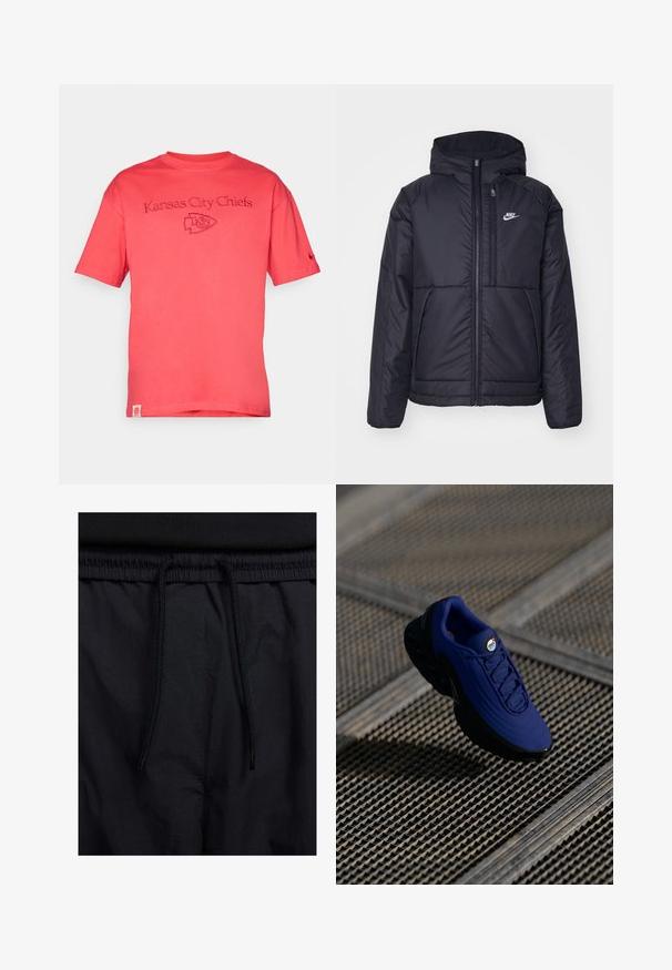 Melna, pufota Nike jaka ar priekšējo rāvējslēdzēju un kapuci. Iezīmēta ar baltu logotipu uz kreisās krūtis un divām priekšējām kabatām. Gluda ārējā tekstūra.; Koral krāsas īsām piedurknēm t-krekls, izgatavots no kokvilnas, ar izšūtu "Kansas City Chiefs" tekstu un logo centrā priekšā.; Melni šorti ar sašūtu jostu, viegls audums ar gludu tekstūru un vienkāršs dizains bez redzamiem logotipiem vai paraugiem.; Zila sporta kurpe ar teksturētu virsotni, melnu zoli un auklām. Uz mēles ir "gaisa" zīmols, kā arī redzami gaisa amortizācijas elementi.