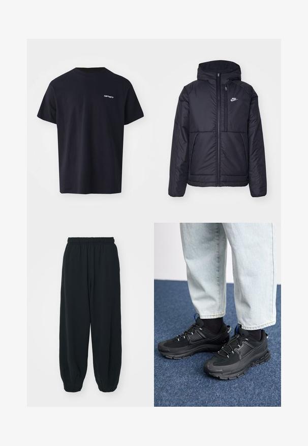 Casaco Nike preto, acolchoado, com fecho à frente e capuz. Apresenta um logo branco no lado esquerdo do peito e dois bolsos frontais. Textura exterior lisa.; T-shirt de algodão preto com mangas curtas, gola redonda e um logo branco subtil na área do peito esquerdo. Textura suave, ajuste standard.; Calças de fato de treino pretas, com cintura elástica e um corte solto, com punhos nas pernas, textura suave e sem padrões visíveis ou detalhes de metal.; Sapatilhas desportivas pretas com tecido texturizado e solas em borracha, apresentando atacadores elásticos e um detalhe azul no calcanhar. Usadas com calças de ganga claras.