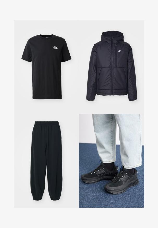 Must musta Nike jope, millel on ees lukuga avamine ja kapuuts. Vasakpoolne rind on kaunistatud valge logoga ning ees on kaks taskut. Sile välimine tekstuur.; Must mustaga T-särk lühikeste varrukatega, ümmarguse kaelusega, millega on kaasas väike valge logo vasakul rinnal. Pehme tekstuur, juhuslik istuvus.; Mustade elastse vöökoha ja laia lõikega dressipüksid, mansetiga sääred, sile tekstuur ning ilma nähtavate mustrite või detailideta.; Mustad mustad jooksukingad, millel on tekstureeritud kangas ja kummist tallad, elastsed nöörid ning sinine aksent kandadel. Kandmine heledate teksadega.