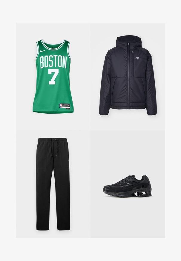 Giacca Nike nera, imbottita, con zip frontale e cappuccio. Presenta un logo bianco sul lato sinistro del petto e doppie tasche frontali. Texture esterna liscia.; Maglia da basket verde con lettering bianco. Presenta la scritta "BOSTON" e il numero "7". Realizzata in materiale mesh traspirante, con logo e etichetta Nike.; Pantaloni sportivi neri in felpa, dotati di cintura elastica con cordini, due tasche anteriori e un piccolo logo sulla coscia.; Scarpa sportiva nera con tomaia in mesh, colletto imbottito e tecnologia di ammortizzazione prominente al tallone. Presenta dettagli in rilievo e lacci.