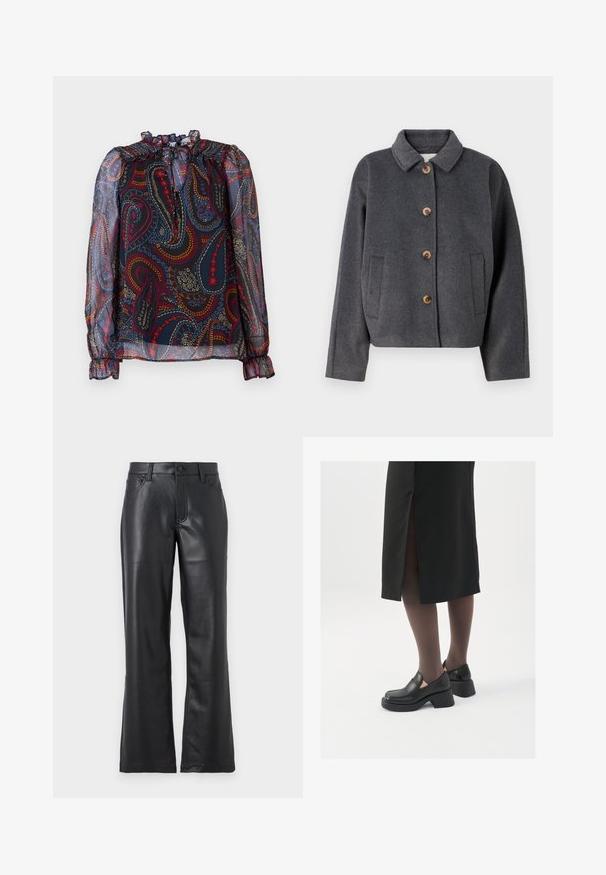 Γκρι ζακέτα από μείγμα μαλλιού με γιακά, πέντε ξύινους κουμπιά, δύο πλαινές τσέπες και κοντή σχεδίαση. Μαλακή υφή με διακριτική φινέτσα.; Διάφανη μπλούζα με ριχτό γιακά και φουσκωτά μανίκια. Διαθέτει πολύχρωμο μοτίβο paisley σε σκούρο φόντο. Ελαστικοί καρποί.; Μαύρο δερμάτινο παντελόνι με φαρδύ σχέδιο, που διαθέτει μπροστινές τσέπες, θηλιές ζώνης και κουμπί κλεισίματος. Λείος υφασμάτινος περίβολος με ορατή ραφή.; Μαύρα δερμάτινα παπούτσια με στρογγυλή μύτη, χοντρό τετράγωνο τακούνι και ελαστικές πλάγιες λεπτομέρειες, συνδυασμένα με σκούρες καλσόν και μια μαύρη φούστα με σχίσιμο.