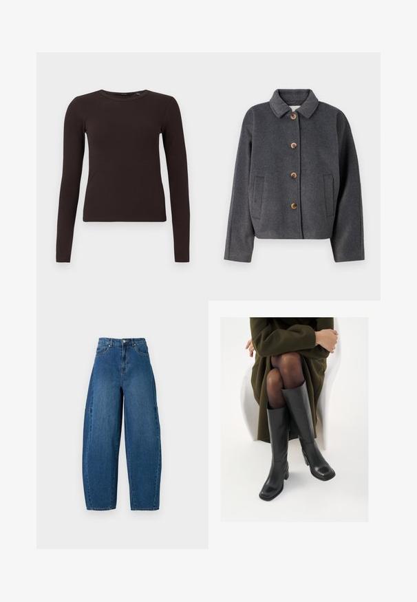 Grau meliertes Wolljacke mit Kragen, fünf Holzknöpfen, zwei seitlichen Taschen und einem cropped Design. Weiche Textur mit einem dezenten Finish.; Dunkelbraunes, geripptes Langarmshirt mit Rundhalsausschnitt und figurbetontem Schnitt, auf einem schlichten weißen Hintergrund präsentiert.; Denimjeans in einer mittleren blauen Waschung, mit hoher Taille, weit geschnittenem Bein und dem typischen fünf Taschen Design mit sichtbaren Nahtdetails.; Knöchelhöhe schwarze Lederstiefel mit quadrater Spitze und Blockabsatz, gezeigt mit einem Modell, das einen olivgrünen Mantel trägt. Glatte Textur, minimale Details.