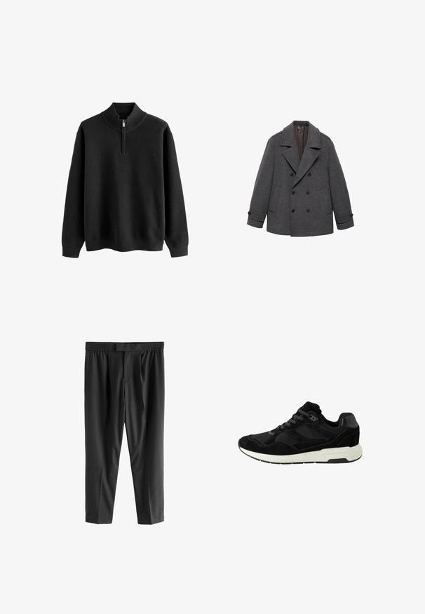 Kaksirivinen harmaa villakangastakki leveillä läppäkauluksilla, joissa on kaksi etutaskua ja nappikiinnitys hihansuissa. Silkkinen kangas pehmeällä vuorilla.; Mustavalkea neulepusero, jossa on vetoketjullinen kaulus, vohvelikuvioinen pinta ja pitkät hihat; sisältää ribatut hihansuut ja helman.; Next REGULAR FIT -CHECK SMART - Chinot - black; Musta urheilukenkä, joka on valmistettu mokasta ja verkosta, jossa on pyöristetty kärki, nauhakiristys ja valkoinen kumipohja, jossa on tekstuurisia yksityiskohtia.