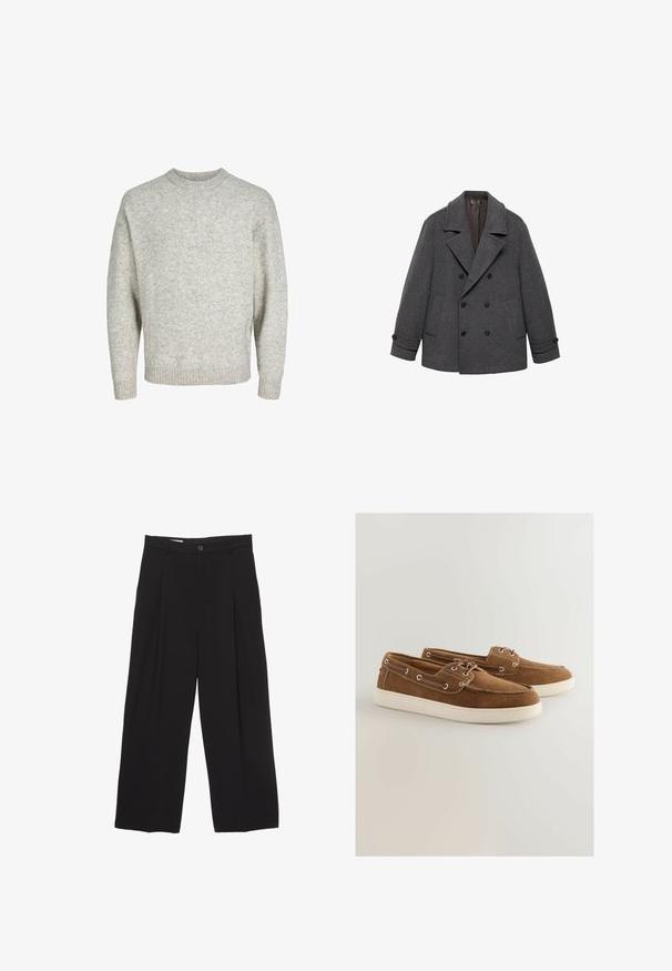 Sivi vuneni kaput s dvostrukim kopčanjem, širokim reverima, s dva prednja džepa i dugmadima na rukavima. Glatka tkanina s mekim unutrašnjim postavom.; Svijetlosivi pleteni pulover s okruglim izrezom, spuštenim ramenima i rebrastim manžetama, koji ima teksturiranu, blago dlačastu površinu.; Crne široke hlače od glatkog materijala, s ravnim pojasom, prednjim nabranim detaljima i zatvaranjem na jedan gumb.; Smeđe nubuk cipele s bijelim gumеним potplatom, dizajn na vezivanje, metalni rupice za vezice i kontrastno šivanje uz rubove.