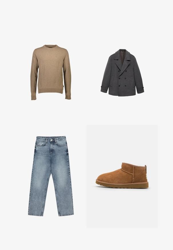 Grau gewickelter Wollmantel mit breiten Revers, zwei Vordertaschen und geknöpften Manschetten. Glattes Material mit weich gefüttertem Innenfutter.; Beiger Pullover mit Rundhalsausschnitt aus weichem Material, langen Ärmeln und gerippten Bündchen. Kleines Logodetail auf der Brust. Sauberes Design.; Hellblaue Jeans aus Denim mit geradem Schnitt, sichtbaren Nähten, fünf Taschen-Design und einem Knopfverschluss an der Taille.; Hellbraune Wildleder-Stiefelette mit runder Zehenform, dezenten Nähdetails und einer strukturierten Gummisohle. Kurze Höhe ohne Schnürsenkel.