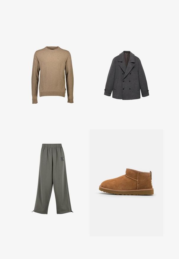 Kaksirivinen harmaa villakangastakki leveillä läppäkauluksilla, joissa on kaksi etutaskua ja nappikiinnitys hihansuissa. Silkkinen kangas pehmeällä vuorilla.; Beige crewnecksweater valmistettu pehmeästä materiaalista, jossa on pitkät hihat ja ribattu pääntiheys. Pieni logodetaili rinnassa. Siisti muotoilu.; Karl Kani KK OS SIDESTRIPE - Housut - grey; Vaaleanruskeat mokkasaappaat nilkkapituiset, joissa on pyöristetty kärki, hienovaraiset ommeltydet ja teksturoitu kumipohja. Lyhyt malli ilman nauhoja.