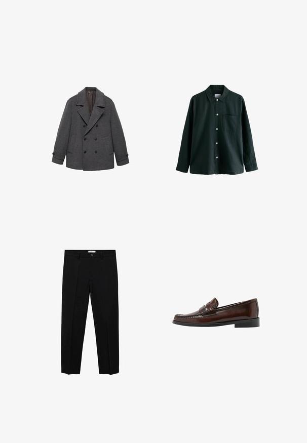 Kaksirivinen harmaa villakangastakki leveillä läppäkauluksilla, joissa on kaksi etutaskua ja nappikiinnitys hihansuissa. Silkkinen kangas pehmeällä vuorilla.; Tummanvihreä napitettava paita, jossa on kaulus, pitkät hihat ja yksi rintatasku; siinä on valkoiset napit ja pehmeä tekstuuri.; Musta räätälöity housut suoralinjaisella leikkauksella, jossa on yksinkertainen nappisulku, vyölenkit ja etusärötys. Valmistettu sileästä kankaasta.; Mango LUISA - Loaferit/pistokkaat - cognac