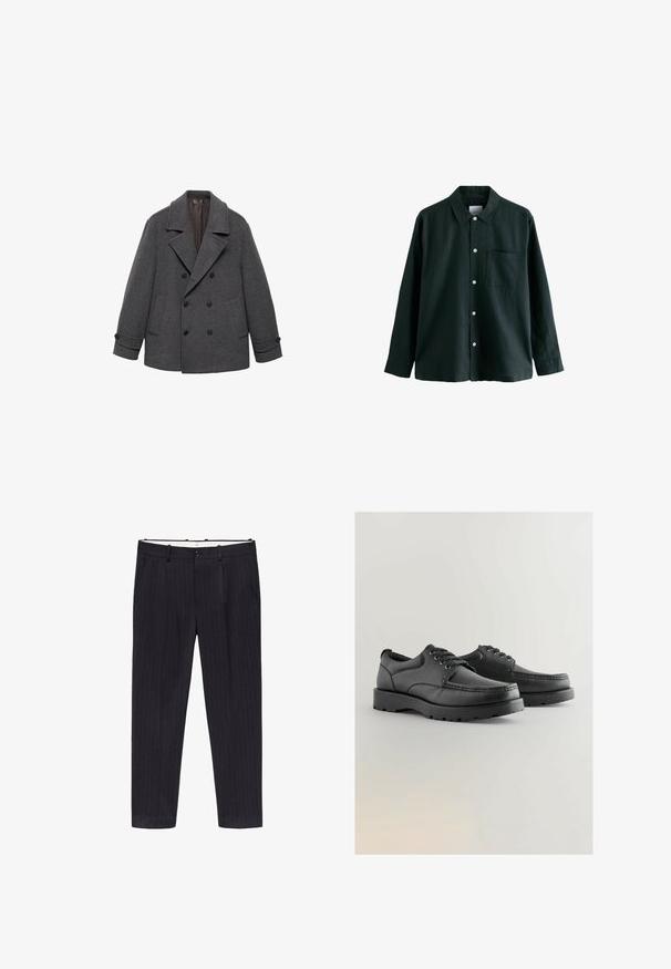 Sivi vuneni kaput s dvostrukim kopčanjem, širokim reverima, s dva prednja džepa i dugmadima na rukavima. Glatka tkanina s mekim unutrašnjim postavom.; Tamnozelena košulja s dugim rukavima, ovratnikom i jednim džepom na grudima; sadrži bijele gumbe i meku teksturu.; Mango Hlače za odijelo - royal blue; Crne kožne cipele s teksturiranim gornjim dijelom, okruglim nosom, dizajnom s vezanjem i debelim gumenim potplatima s uzorkom za hodanje.