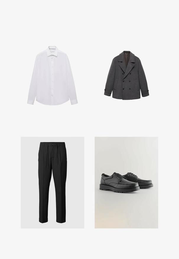 Sivi vuneni kaput s dvostrukim kopčanjem, širokim reverima, s dva prednja džepa i dugmadima na rukavima. Glatka tkanina s mekim unutrašnjim postavom.; Mango Majica - white; Crne krojena hlače s pojasom na vezanje, s plitkim nabranima sprijeda i elegantnim, ravnim krojem. Glatka tekstura.; Crne kožne cipele s teksturiranim gornjim dijelom, okruglim nosom, dizajnom s vezanjem i debelim gumenim potplatima s uzorkom za hodanje.