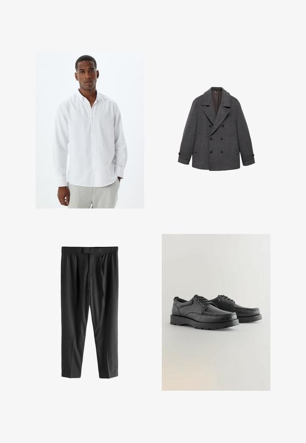 Cappotto grigio in lana doppiopetto con ampi rever, due tasche frontali e polsini con bottoni. Tessuto liscio con una morbida fodera interna.; Camicia bianca a maniche lunghe con colletto, caratterizzata da una texture del tessuto liscia e una tradizionale pattina dei bottoni. Indossata con pantaloni grigi chiari.; Next REGULAR FIT -CHECK SMART - Chino - black; Scarpe in pelle nera con tomaia texturizzata, punta tonda, design con lacci e suole spesse in gomma con un motivo di battistrada.