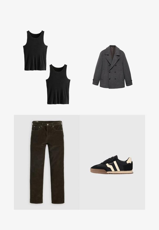 Sivi vuneni kaput s dvostrukim kopčanjem, širokim reverima, s dva prednja džepa i dugmadima na rukavima. Glatka tkanina s mekim unutrašnjim postavom.; Next TWO PACK - Top - black ribbed; Smeđe kord hlače ravnog kroja, s pet džepova, vidljivim šavovima i teksturiranom tkaninom. Metalna kopča na struku.; Crne zamšaste tenisice s bež detaljima, koje imaju gumeni potplat, ravne vezice i stylish prugasti dizajn s strana.