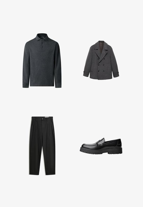 Grau gewickelter Wollmantel mit breiten Revers, zwei Vordertaschen und geknöpften Manschetten. Glattes Material mit weich gefüttertem Innenfutter.; Dunkelgraues Langarm-Polohemd aus strukturiertem Stoff, mit Kragen und einer Drei-Knopfleiste. Verfügt über einen geraden Saum und dezente Nähte.; Schwarze Baumwollhose mit lockerem Schnitt, ausgestattet mit einem klassischen Bund, vorderen Falten und Seiten taschen. Glatte Textur ohne Muster.; Schwarzer Lederloafer mit grobem, rutschfestem Sohlenprofil und dekorativem Riemen über der Oberseite, seitlich links auf weißem Hintergrund abgebildet.