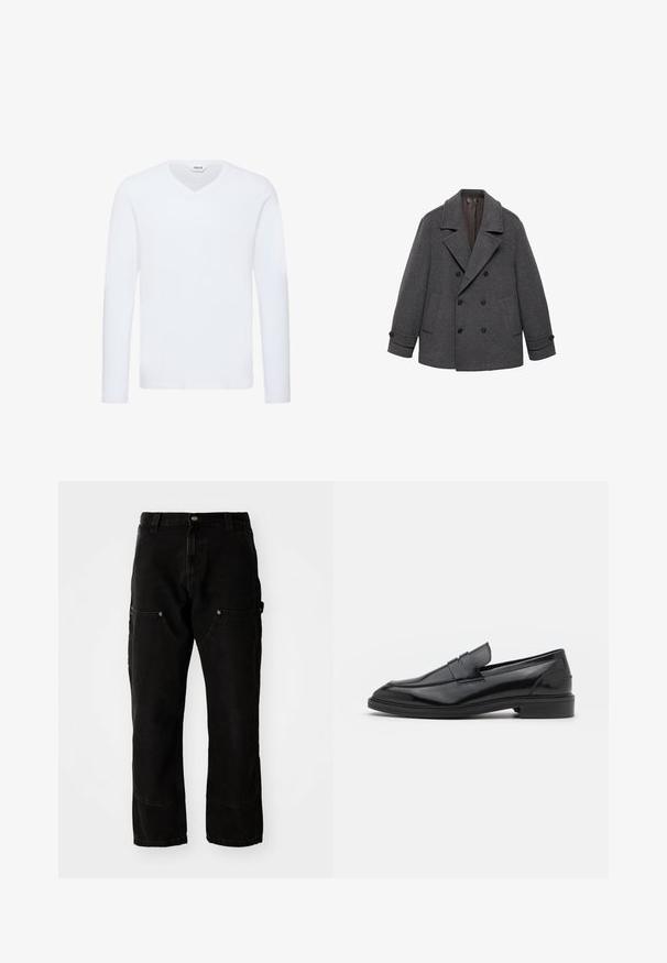 Dvojradový šedý vlnený kabát s širokými klopami, dvomi prednými vreckami a gombíkovými manžetami. Hladká tkanina s jemnou vnútornou podšívkou.; Biely dlhý rukáv T-shirt s výstrihom do V z jemnej bavlnenej zmesi. Má hladký povrch a priame zakončenie s minimálnym detailovaním.; Čierne denimové cargo nohavice so voľným strihom, s dvomi prednými vreckami, bočnými vreckami a viditeľnými stehmi.; Čierne kožené loaferky s hladkým povrchom, s okrúhlou špičkou a úzkym pásom cez vrch. Nízky vrstvený podpätok.