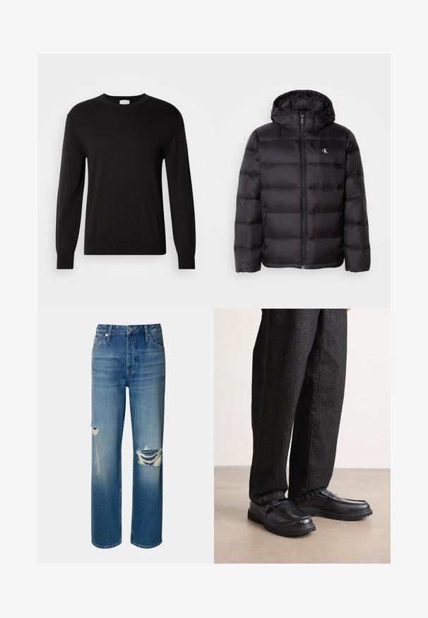 Schwarze Steppdaunenjacke mit Kapuze, mit gestepptem Design, Reißverschluss vorne und zwei Seitentaschen. Kleines Logo auf der Brust.; Schwarzer Rundhalsausschnitt-Pullover aus weichem Strickstoff. Verfügt über lange Ärmel und ein dezentes Logo auf der Brust. Klassische Passform und glatte Textur.; Helle blaue Denim-Jeans mit hoher Taille, geradem Bein und ausgefransten Rissen an beiden Knien. Mit klassischem Fünf-Taschen-Design und Knopfverschluss.; Schwarze Lederschuhe mit strukturiertem Finish, ausgestattet mit einem erhöhten Nahtdesign und einer robusten Gummisohle, getragen mit dunklen Jeans.