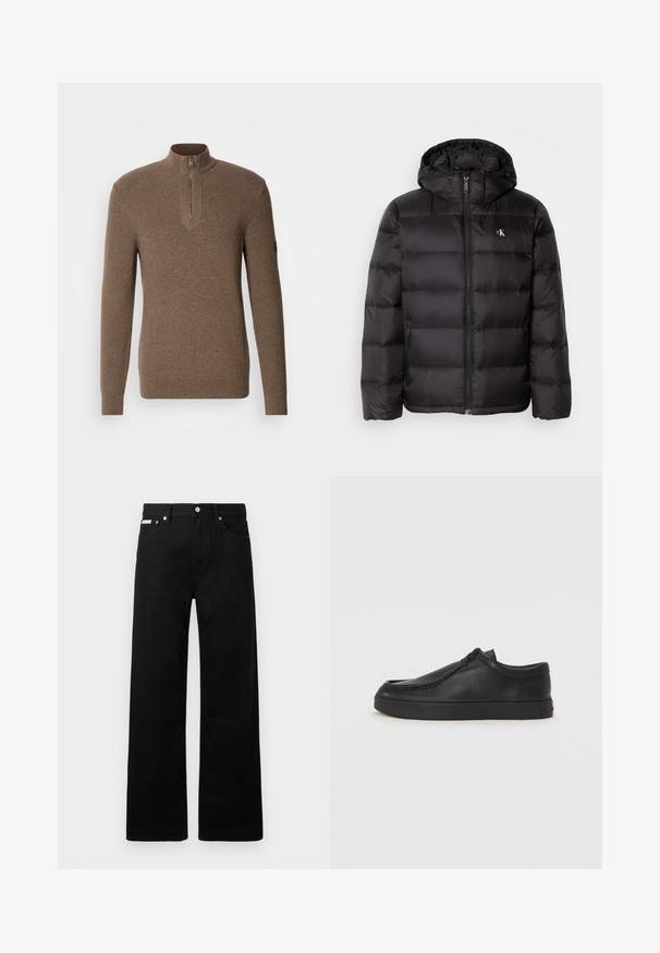 Czarna kurtka puchowa z kapturem, z pikowanym wzorem, zamkiem błyskawicznym z przodu i dwoma bocznymi kieszeniami. Małe logo na piersi.; Brązowy sweter prążkowany z półzamkiem i długimi rękawami. Materiał wydaje się być miękki, ma teksturowane wykończenie i subtelne wariacje kolorystyczne.; Czarne dżinsowe spodnie o szerokim kroju, z pięcioma kieszeniami i metalowymi guzikami. Gładka tekstura, bez widocznych wzorów.; Czarne skórzane buty wsuwane z okrągłym noskiem, przeszyciami i czarną gumową podeszwą. Gładka faktura z minimalistycznym wzornictwem.