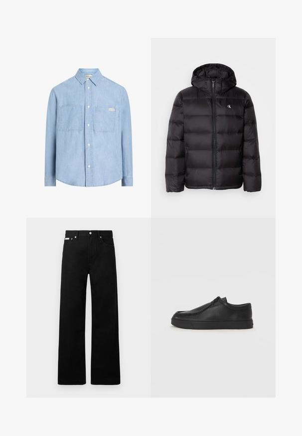 Svart vadderad jacka med huva, med quiltad design, dragkedja framtill och två sidofickor. Liten logga på bröstet.; Ljusblå skjorta med knappar, tillverkad av denimtyg, med en spetsig krage, två bröstfickor och en liten logotagg på vänster ficka.; Svarta denimbyxor med en vid bendesign, som har fem fickor och metallknappar. Slät textur, inga synliga mönster.; Svart lädersko med rundad tå, med sömmande detaljer och svart gummisula. Slät textur med minimalistisk design.