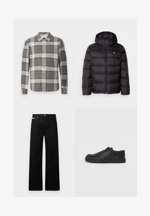 Casaco acolchoado preto com capuz, apresentando um design acolchoado, fecho frontal com fecho éclair e dois bolsos laterais. Pequeno logótipo no peito.; Camisa de manga longa em padrão xadrez preto e creme. Apresenta um fecho por botões na frente, colarinho clássico e um padrão de quadrados variado. Textura de tecido macio.; Calças de ganga pretas com um design de pernas largas, apresentando cinco bolsos e fechos metálicos. Textura suave, sem padrões visíveis.; Sapata slip-on de couro preto com biqueira arredondada, detalhes cosidos e sola de borracha preta. Textura suave com design minimalista.