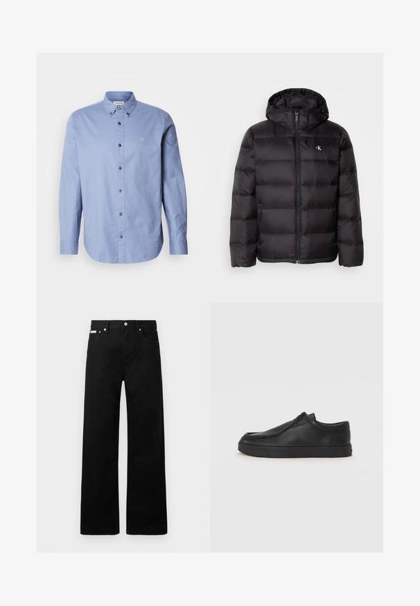 Črna puhasta jakna s kapuco, z vzorcem prešite tkanine, z zadrgo spredaj in dvema žepoma ob straneh. Majhen logotip na prsih.; Svetlo modra srajca z dolgimi rokavi, izdelana iz gladkega blaga. Ima klasičen ovratnik, črne gumbe in majhen logotip na prsih.; Črne jeans hlače širokega kroja, z petimi žepi in kovinskimi gumbi. Gladka tekstura, brez vidnih vzorcev.; Črne usnjene natikače s zaobljenim prstom, šivanim detajlima in črnim gumijastim podplatom. Gladka tekstura z minimalističnim dizajnom.