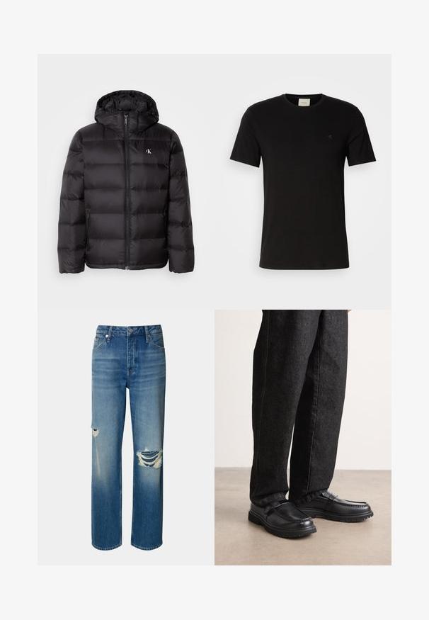 Crna jakna s kapuljačom, protkana dizajnom s prošivima, zatvaranjem na patentni zatvarač sprijeda i dva bočna džepa. Mali logotip na prsima.; Crna pamučna majica s kratkim rukavima, okruglim izrezom i malim Calvin Klein logoom na prsima. Glatka tekstura, klasičan kroj.; Svijetloplave traperice s visokim strukom, ravnim nogavicama i istrošenim podrapanjima na oba koljena. Imaju klasičan dizajn s pet džepova i zatvaranje na gumb.; Crne kožne cipele s teksturiranim završetkom, s dizajnom podignutih šavova i čvrstim gumiranim potplatom, uparene s tamnim trapericama.