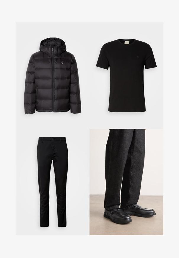 Musta toppatakki hupulla, jossa tikattu pintakuvio, vetoketjulla suljettava etuosa ja kaksi sivutaskua. Pieni logo rinnassa.; Mustaharju musta puuvillapaita, jossa on lyhyet hihat, pyöreä kaula-aukko ja pieni Calvin Klein -logo rinnassa. Silkkinen rakenne, klassinen malli.; Mustat housut, joissa on kapea malli, valmistettu sileästä kankaasta. Housuissa on vyötärönauha, jossa on nappisuljenta ja suorat lahkeet.; Mustat nahkakengät, joissa on tekstuuripinta, erottuva sauman muotoilu ja kestävä kumipohja, yhdistettynä tummiin farkkuihin.