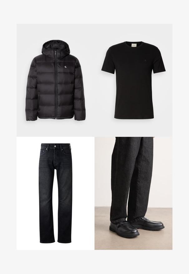 Chaqueta acolchada negra con capucha, con diseño acolchado, cierre frontal con cremallera y dos bolsillos laterales. Pequeño logotipo en el pecho.; Camiseta de algodón negra con mangas cortas, cuello redondo y un pequeño logo de Calvin Klein en el pecho. Textura suave, corte clásico.; Vaqueros de denim oscuro para hombre con diseño de pierna recta, que cuentan con un estilo clásico de cinco bolsillos y cierre de botón metálico. Se aprecian varios tonos.; Zapatos de cuero negro con acabado texturizado, que cuentan con un diseño de costura elevada y suela de goma resistente, combinados con pantalones de mezclilla oscuros.