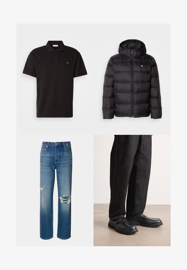 Černá péřová bunda s kapucí, která má prošitou strukturu, zapínání na zip vpředu a dvě boční kapsy. Malé logo na hrudi.; Černé polo tričko vyrobené z texturované látky, se zk classic límečkem, dvouknoflíkovou légou a malou nášivkou loga na hrudi.; Svetle modré džíny z denimu s vysokým pasem, rovnými nohavicemi a obtížnými roztrženinami na obou kolenou. Obsahují klasický design s pěti kapsami a zapínání na knoflík.; Černé kožené boty s texturovaným povrchem, vyznačující se vystouplým švem a pevnou gumovou podrážkou, nošené s tmavými džíny.
