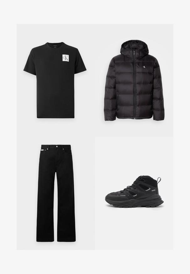 Čierna prešívaná bunda s kapucňou, obsahujúca prešívaný dizajn, predný zips a dve bočné vrecká. Malé logo na hrudi.; Čierne bavlnené tričko s krátkymi rukávmi a klasickým výstrihom. Na ľavej strane hrude sa nachádza biele štvorcové logo s čiernymi písmenami "CK".; Čierne džínsy s širokými nohavicami, obsahujúce päť vreciek a kovové zapínanie. Hladká textúra, bez viditeľných vzorov.; Čierne turistické topánky s vrstveným dizajnom, textúrovaným materiálom a gumovou podrážkou, so zosilnenými miestami a šnurovaním vpredu.