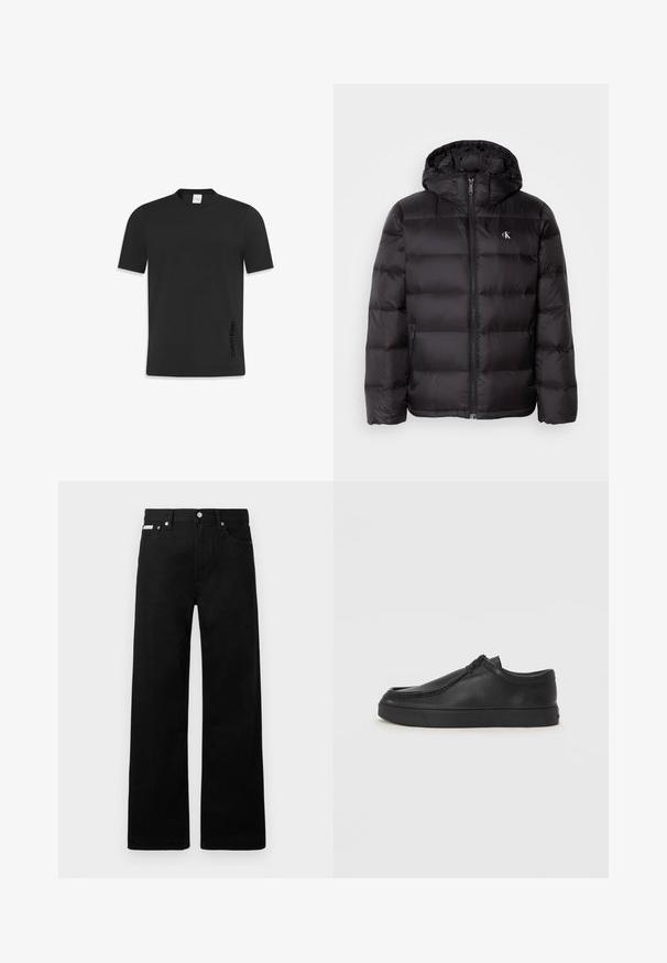 Chaqueta acolchada negra con capucha, con diseño acolchado, cierre frontal con cremallera y dos bolsillos laterales. Pequeño logotipo en el pecho.; Camiseta negra de manga corta hecha de algodón suave, con un clásico cuello tipo crew y un pequeño logo impreso en el lado inferior.; Pantalones de mezclilla negros con un diseño de pierna ancha, que cuentan con cinco bolsillos y herrajes de botón metálico. Textura suave, sin patrones visibles.; Zapato de piel negro tipo slip-on con punta redonda, detalles de costura y suela de goma negra. Textura suave con un diseño minimalista.