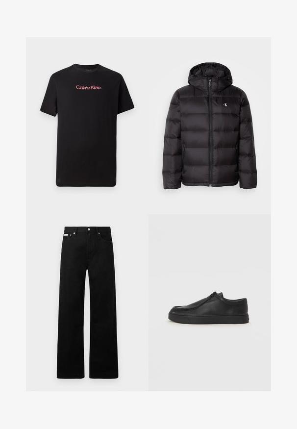 Musta kapuutsiga laskujõkke mantel, millel on tikitud muster, ees lukk ja kaks küljetaskut. Väike logo rinnal.; Must nõelatud t-särk, millel lühikesed varrukad ja mis on valmistatud puuvillast. T-särgil on keskmise suurusega Calvin Kleini logo punastes ja valgetes toonides, ümmargune kaelus ja mugav lõige.; Mustadest denimist püksid laiade jalgadega, viie tasku ja metallist nööpidega. Sile tekstuur, nähtavad mustrid puuduvad.; Must na ostri varvastega musta nahast libisemisega king, millel on tikand ja must kummitald. Sile tekstuur ja minimalistik disain.