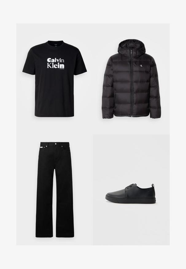 Casaco acolchoado preto com capuz, apresentando um design acolchoado, fecho frontal com fecho éclair e dois bolsos laterais. Pequeno logótipo no peito.; T-shirt de algodão preto com um prominente logotipo branco "Calvin Klein", gola redonda, mangas curtas e um corte padrão.; Calças de ganga pretas com um design de pernas largas, apresentando cinco bolsos e fechos metálicos. Textura suave, sem padrões visíveis.; Sapatilha de couro preta com um acabamento liso, bico arredondado, costura ton sur ton, frente com atacadores e sola plana de borracha. Alça no calcanhar.