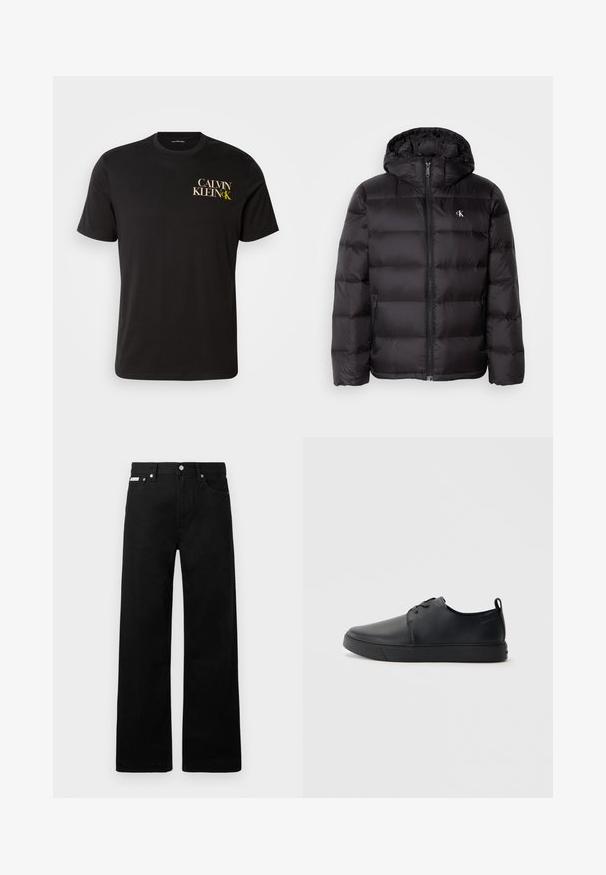 Musta kapuutsiga laskujõkke mantel, millel on tikitud muster, ees lukk ja kaks küljetaskut. Väike logo rinnal.; Must must t-särk lühikeste varrukatega, millel on ees vasakul rinnal kuld- ja valget kirja "CALVIN KLEIN CK". Klassikaline ümmargune kaelus.; Mustadest denimist püksid laiade jalgadega, viie tasku ja metallist nööpidega. Sile tekstuur, nähtavad mustrid puuduvad.; Mustaläik nahast spordijalatsid siledaga viimistlusega, ümarate varvastega, sama tooni õmblustega, nööbid ees, ja lamedate kummist tallaga. Kannas aas.